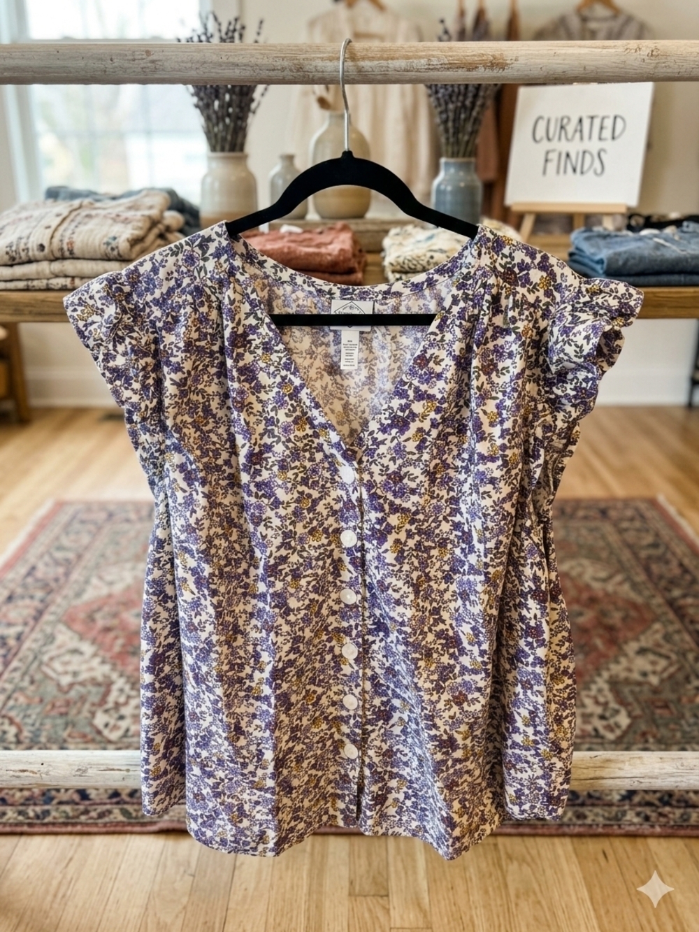 St. John's Bay Purple and White Floral Button-Front Ruffle Sleeve Top